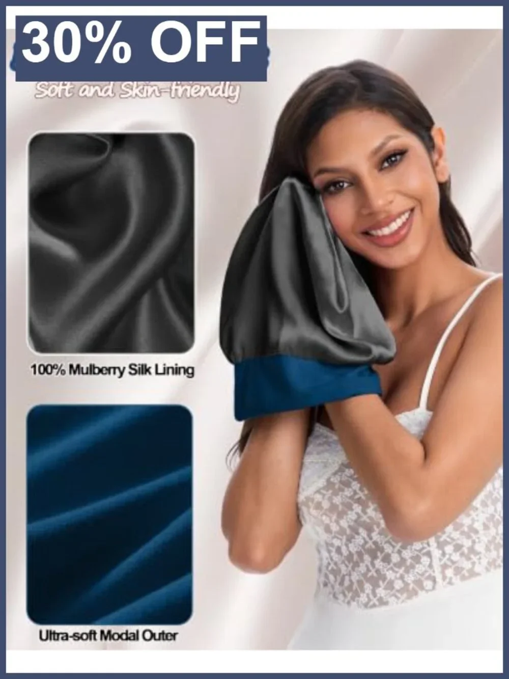 100% Mulberry Silk Lined Sleep Cap Bonnet for Sleeping Women Hair Wrap